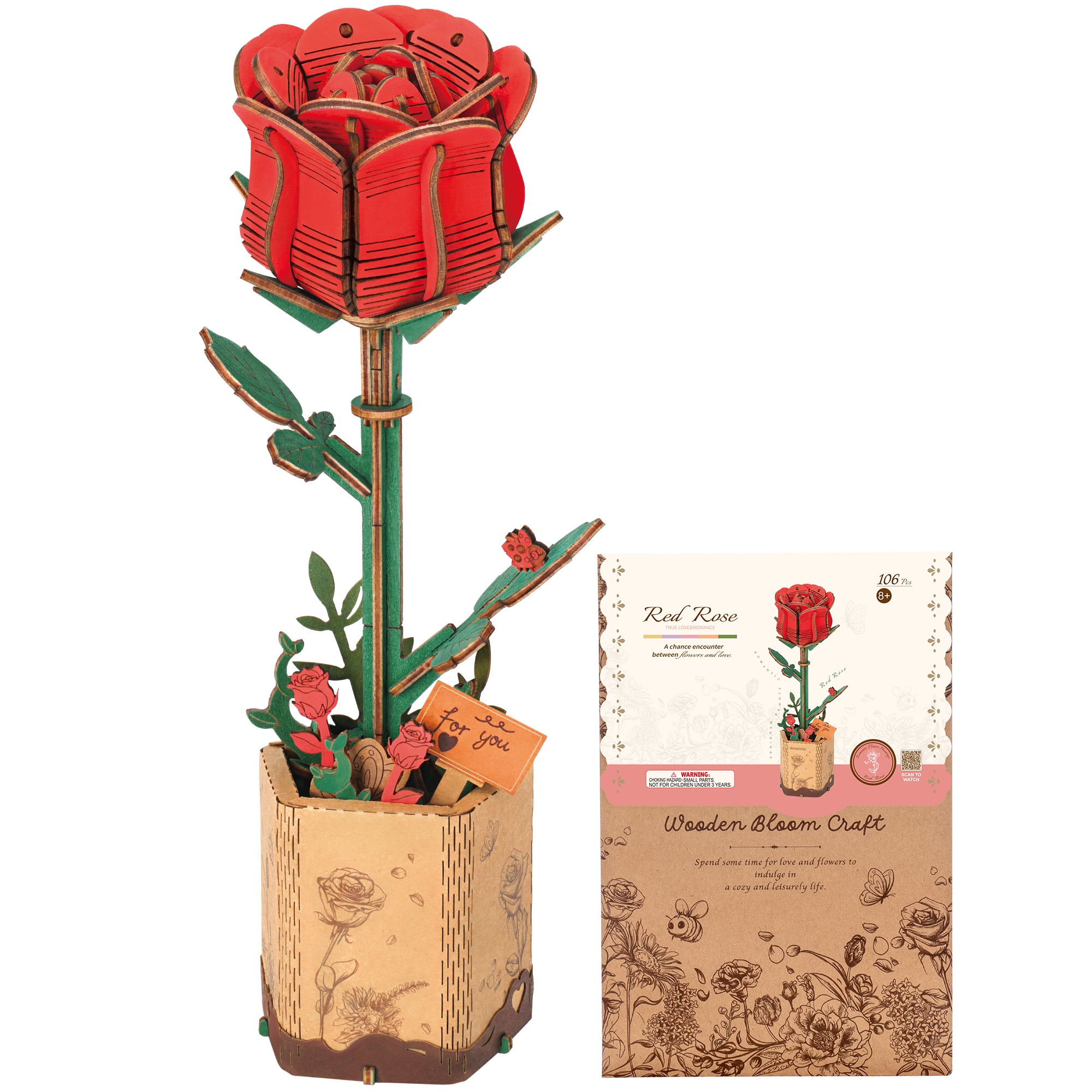 Woodworking Kits For Kids - Rolife Wooden 3D Puzzle Rose Artificial